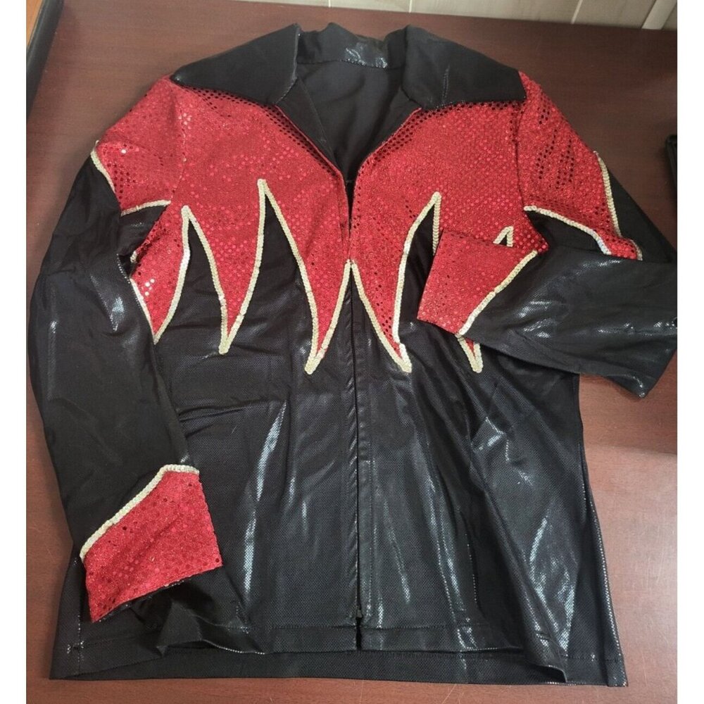 Jacket Sequin Flames LARGE Black Red Zippered Large Collar Lightweight Western